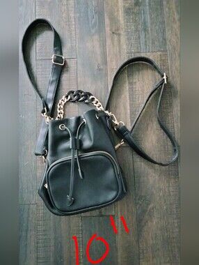 Black Faux-Leather Drawstring Backpack with Gold Chain Accent
